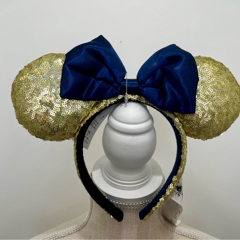 Disney Gold Sequin Minnie Ears with Navy Blue Bow